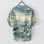 Buddha Stones Cotton Landscape Floral Pattern Men's Short Sleeve Half Button Shirt