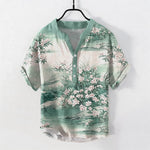Buddha Stones Cotton Landscape Floral Pattern Men's Short Sleeve Half Button Shirt