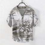 Buddha Stones Cotton Landscape Floral Pattern Men's Short Sleeve Half Button Shirt