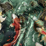Buddha Stones Cotton Koi Fish Wave Pattern Men's Short Sleeve Half Button Shirt