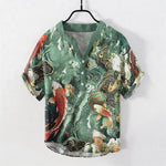 Buddha Stones Cotton Koi Fish Wave Pattern Men's Short Sleeve Half Button Shirt