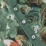 Buddha Stones Cotton Koi Fish Wave Pattern Men's Short Sleeve Half Button Shirt