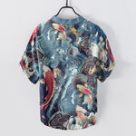 Buddha Stones Cotton Koi Fish Wave Pattern Men's Short Sleeve Half Button Shirt