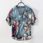 Buddha Stones Cotton Koi Fish Wave Pattern Men's Short Sleeve Half Button Shirt