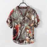 Buddha Stones Cotton Koi Fish Wave Pattern Men's Short Sleeve Half Button Shirt
