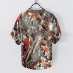 Buddha Stones Cotton Koi Fish Wave Pattern Men's Short Sleeve Half Button Shirt