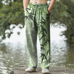 Buddha Stones Cotton Ink Bamboo Leaf Pattern Men's Tapered Pants With Pockets