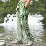 Buddha Stones Cotton Ink Bamboo Leaf Pattern Men's Tapered Pants With Pockets