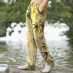 Buddha Stones Cotton Ink Bamboo Leaf Pattern Men's Tapered Pants With Pockets