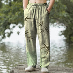 Buddha Stones Cotton Ink Bamboo Leaf Pattern Men's Tapered Pants With Pockets