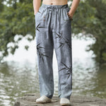 Buddha Stones Cotton Ink Bamboo Leaf Pattern Men's Tapered Pants With Pockets