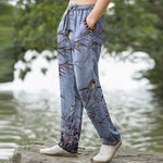 Buddha Stones Cotton Bamboo Bird Pattern Men's Tapered Pants With Pockets