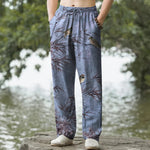 Buddha Stones Cotton Bamboo Bird Pattern Men's Tapered Pants With Pockets