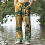 Buddha Stones Cotton Crane Pine Pattern Men's Tapered Pants With Pockets