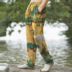 Buddha Stones Cotton Crane Pine Pattern Men's Tapered Pants With Pockets