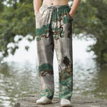 Buddha Stones Cotton Crane Pine Pattern Men's Tapered Pants With Pockets