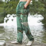 Buddha Stones Cotton Crane Pine Pattern Men's Tapered Pants With Pockets