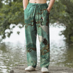 Buddha Stones Cotton Crane Pine Pattern Men's Tapered Pants With Pockets