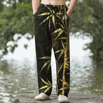 Buddha Stones Cotton Golden Bamboo Leaf Pattern Men's Tapered Pants With Pockets