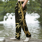 Buddha Stones Cotton Golden Bamboo Leaf Pattern Men's Tapered Pants With Pockets