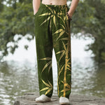 Buddha Stones Cotton Golden Bamboo Leaf Pattern Men's Tapered Pants With Pockets