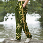 Buddha Stones Cotton Golden Bamboo Leaf Pattern Men's Tapered Pants With Pockets