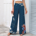 Buddha Stones Cotton Linen Koi Fish Wave Pattern Women's Elastic Waist Wide Leg Pants With Pockets