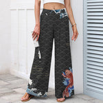 Buddha Stones Cotton Linen Koi Fish Wave Pattern Women's Elastic Waist Wide Leg Pants With Pockets