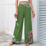 Buddha Stones Cotton Linen Koi Fish Wave Pattern Women's Elastic Waist Wide Leg Pants With Pockets