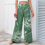 Buddha Stones Cotton Linen Lotus Floral Pattern Women's Elastic Waist Wide Leg Pants With Pockets