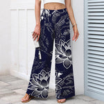 Buddha Stones Cotton Linen Lotus Floral Pattern Women's Elastic Waist Wide Leg Pants With Pockets