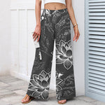 Buddha Stones Cotton Linen Lotus Floral Pattern Women's Elastic Waist Wide Leg Pants With Pockets