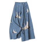 Buddha Stones Cotton Linen Crane Wave Pattern Women's Elastic Waist Wide Leg Pants With Pockets