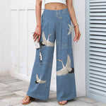 Buddha Stones Cotton Linen Crane Wave Pattern Women's Elastic Waist Wide Leg Pants With Pockets
