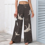 Buddha Stones Cotton Linen Crane Wave Pattern Women's Elastic Waist Wide Leg Pants With Pockets