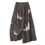 Buddha Stones Cotton Linen Crane Wave Pattern Women's Elastic Waist Wide Leg Pants With Pockets