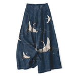 Buddha Stones Cotton Linen Crane Wave Pattern Women's Elastic Waist Wide Leg Pants With Pockets