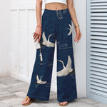 Buddha Stones Cotton Linen Crane Wave Pattern Women's Elastic Waist Wide Leg Pants With Pockets