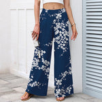 Buddha Stones Cotton Linen White Sakura Branch Pattern Women's Elastic Waist Wide Leg Pants With Pockets