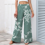 Buddha Stones Cotton Linen White Sakura Branch Pattern Women's Elastic Waist Wide Leg Pants With Pockets