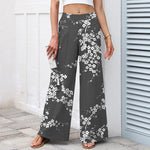 Buddha Stones Cotton Linen White Sakura Branch Pattern Women's Elastic Waist Wide Leg Pants With Pockets