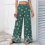 Buddha Stones Cotton Linen Vintage Daisy Floral Pattern Women's Elastic Waist Wide Leg Pants With Pockets