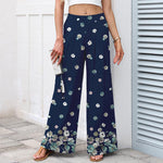 Buddha Stones Cotton Linen Vintage Daisy Floral Pattern Women's Elastic Waist Wide Leg Pants With Pockets