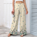 Buddha Stones Cotton Linen Vintage Daisy Floral Pattern Women's Elastic Waist Wide Leg Pants With Pockets
