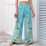 Buddha Stones Cotton Linen Bohemian Floral Gold Butterflies Pattern Women's Elastic Waist Wide Leg Pants With Pockets