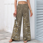 Buddha Stones Cotton Linen Bohemian Floral Gold Butterflies Pattern Women's Elastic Waist Wide Leg Pants With Pockets