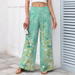 Buddha Stones Cotton Linen Bohemian Floral Gold Butterflies Pattern Women's Elastic Waist Wide Leg Pants With Pockets