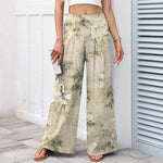 Buddha Stones Cotton Linen Bamboo Leaf Pattern Women's Elastic Waist Wide Leg Pants With Pockets
