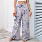 Buddha Stones Cotton Linen Bamboo Leaf Pattern Women's Elastic Waist Wide Leg Pants With Pockets