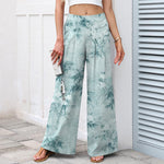 Buddha Stones Cotton Linen Bamboo Leaf Pattern Women's Elastic Waist Wide Leg Pants With Pockets